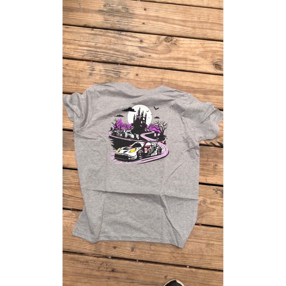 AO Racing Rexy Roxy Spooky Castle Graphic T-Shirt Heather Gray youth XL